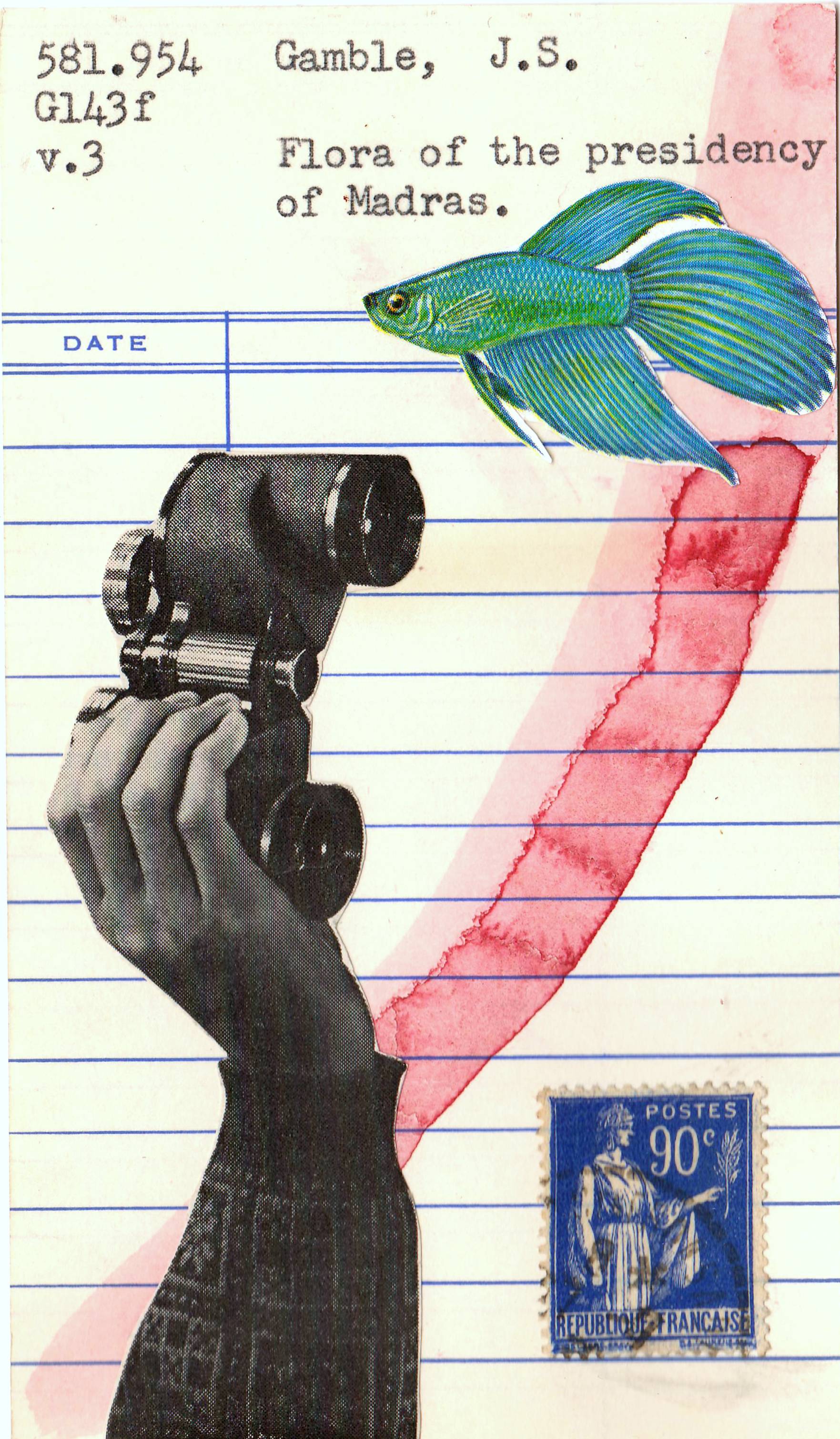 Library card collage art Eternal Return Paradoxes of Omniscience beta fish vintage postage stamp